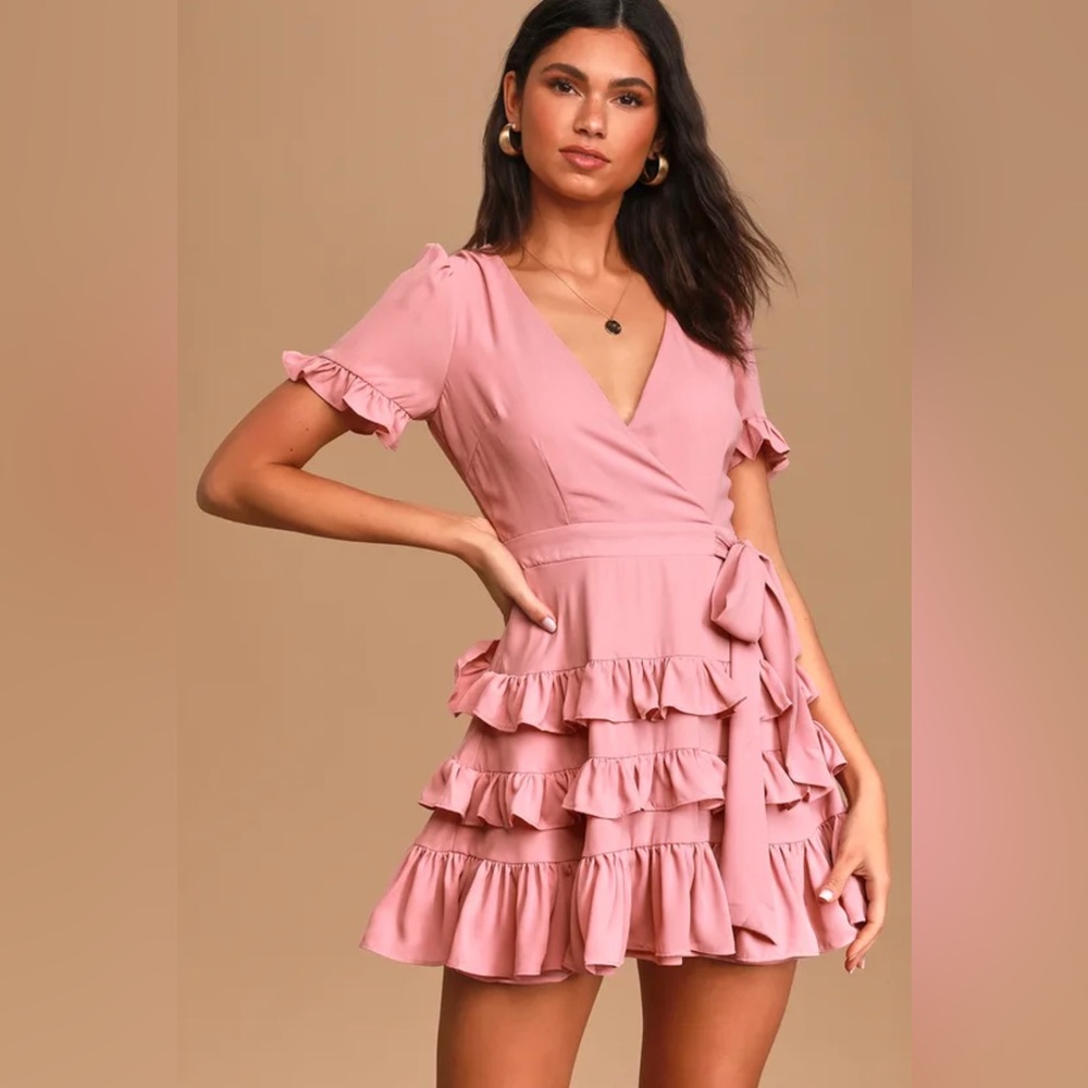 Lulu’s Feeling Butterflies Mauve Pink Ruffled Side-Tie Mini Dress